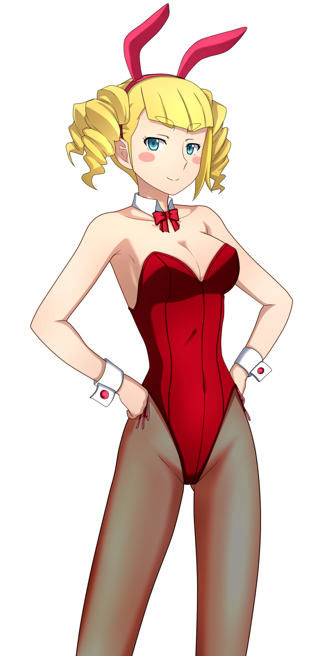 1girl, animal_ears, blonde_hair, blue_eyes, blush_stickers, breasts, bunnysuit, cleavage