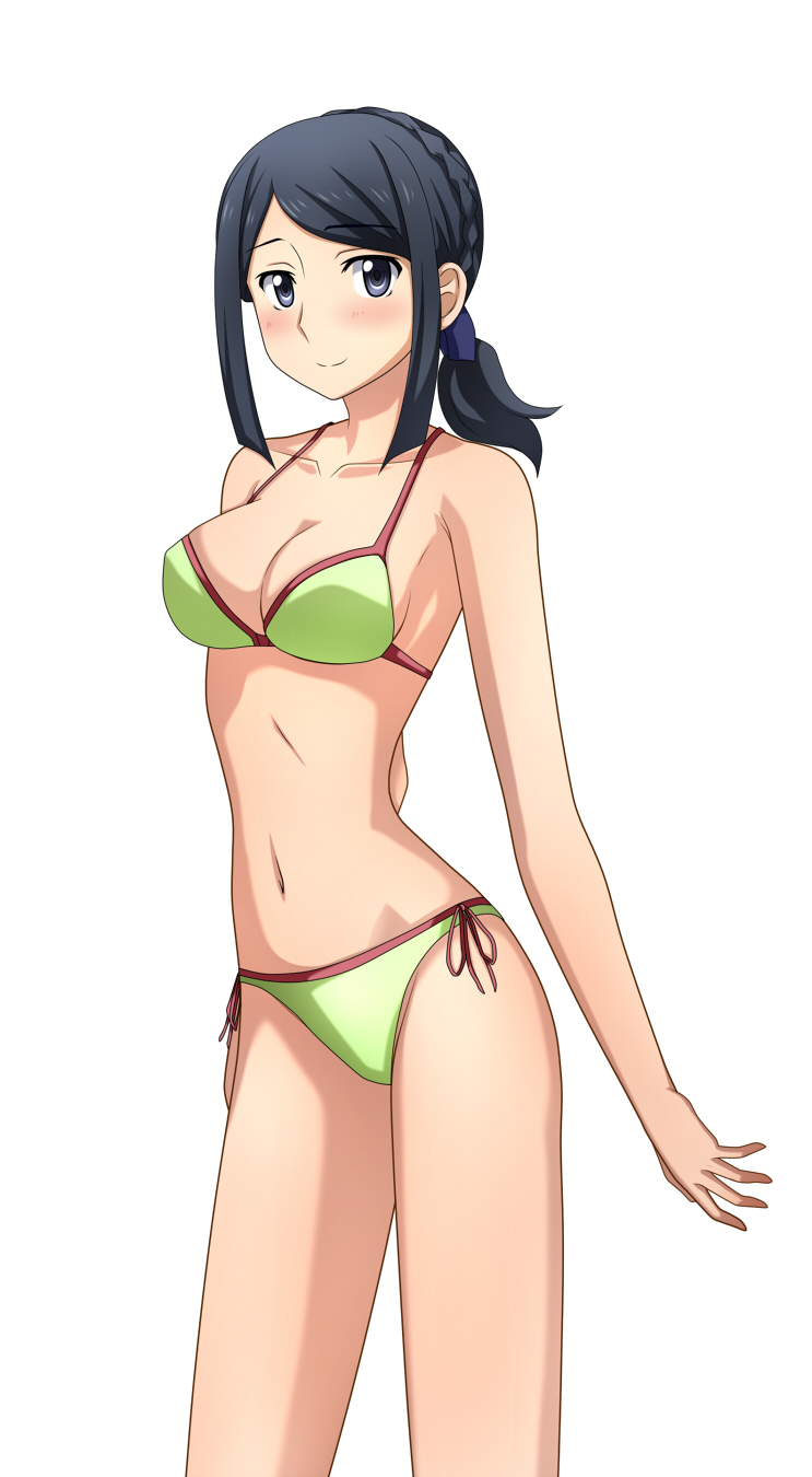 1girl, bikini, black_eyes, black_hair, blush, breasts, cleavage, green_bikini