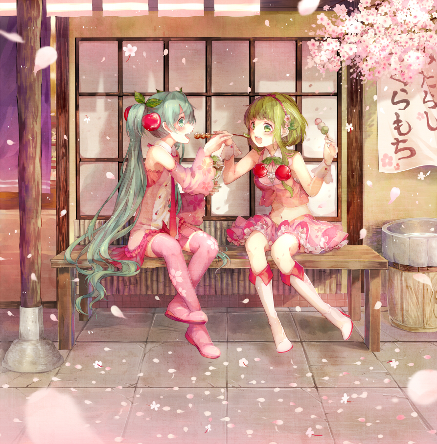 2girls, aqua_eyes, aqua_hair, boots, cherry, cherry_blossoms, dango, detached_sleeves