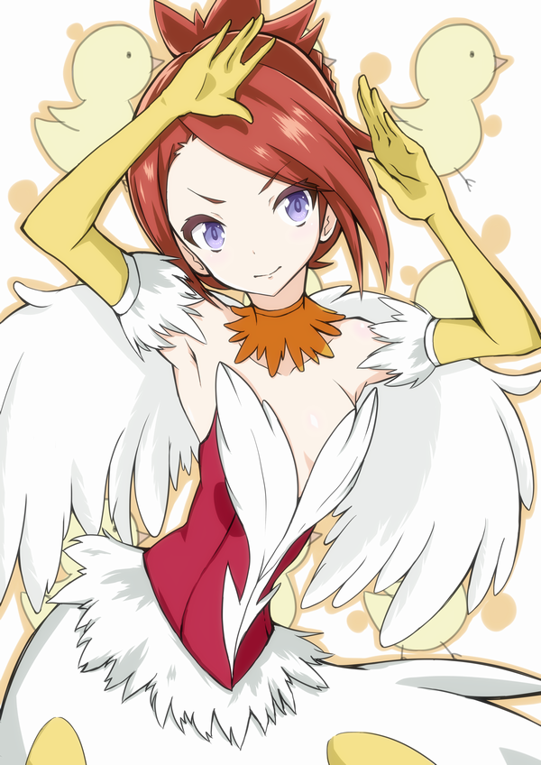 1girl, armpits, bird, chick, elbow_gloves, feathers, gloves, long_hair, pretty_rhythm, pretty_rhythm_rainbow_live, redhead, takahashi_yuuko, violet_eyes, wakigami_taine