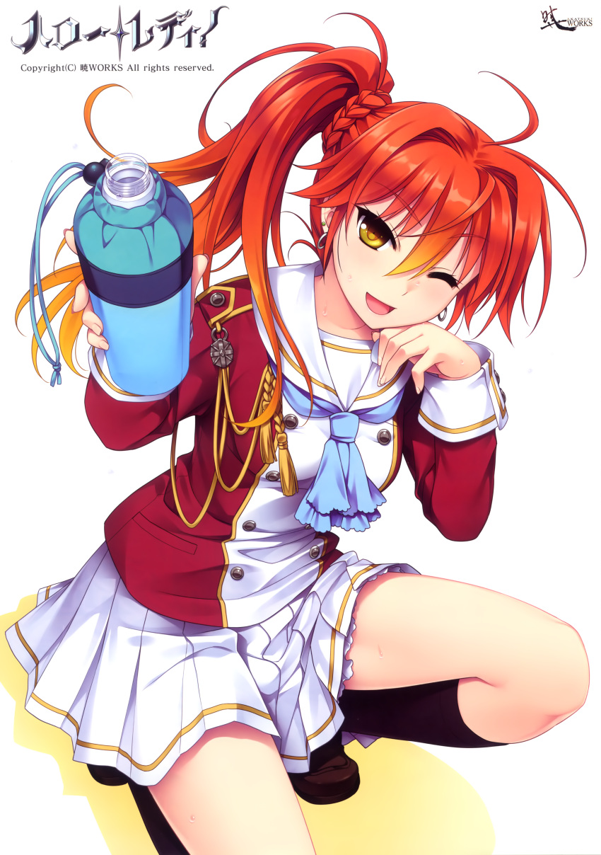 1girl, ;d, absurdres, akahito_tamao, bottle, gradient_hair, hello_lady, highres