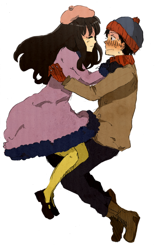 black_hair, blush, coat, gloves, hat, jacket, long_hair, smile, south_park, stan_marsh, t66sobakasu, wendy_testaburger