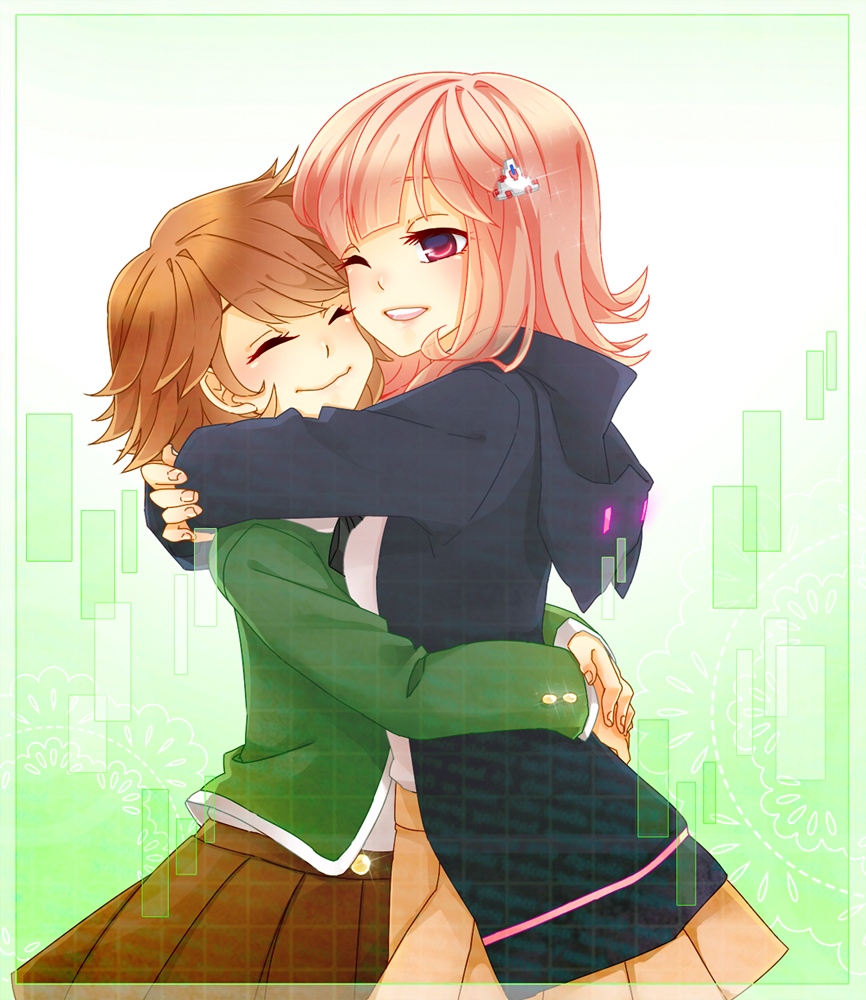 1boy, 1girl, brown_hair, crossdressinging, dangan_ronpa, flipped_hair, fujisaki_chihiro, hoodie, hug, nanami_chiaki, pink_eyes, pink_hair, school_uniform, sea_(azure_pastel), short_hair, skirt, super_dangan_ronpa_2, trap, wink