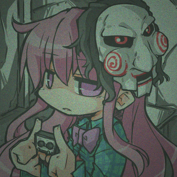 1girl, bow, bust, expressionless, face_mask, hata_no_kokoro, jigsaw_(character), kureha_mitsushige