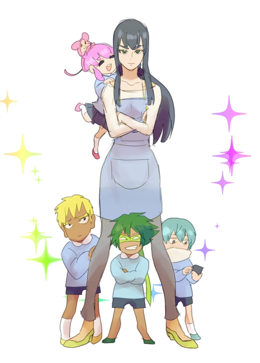 apron, blue_hair, gamagoori_ira, green_hair, inumuta_houka, jakuzure_nonon, kill_la_kill, kindergarten, kindergarten_teacher, kindergarten_uniform, kiryuuin_satsuki, kuretatu, long_hair, mask, multiple_girls, pink_hair, sanageyama_uzu, short_hair, younger