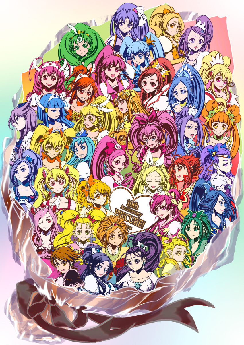 6+girls, absolutely_everyone, aida_mana, aino_megumi, akimoto_komachi, anniversary, aoki_reika, aono_miki, bouquet, copyright_name, cure_ace, cure_aqua, cure_beat, cure_beauty, cure_berry, cure_black, cure_bloom, cure_blossom, cure_diamond, cure_dream, cure_egret, cure_fortune, cure_happy, cure_heart, cure_honey, cure_lemonade, cure_lovely, cure_march, cure_marine, cure_melody, cure_mint, cure_moonlight, cure_muse_(yellow), cure_passion, cure_peace, cure_peach, cure_pine, cure_princess, cure_rhythm, cure_rosetta, cure_rouge, cure_sunny, cure_sunshine, cure_sword, cure_white, dokidoki!_precure, everyone, flower, fresh_precure!, futari_wa_precure, futari_wa_precure_max_heart, futari_wa_precure_splash_star, hanasaki_tsubomi, happinesscharge_precure!, heart, heartcatch_precure!, higashi_setsuna, highres, hikawa_iona, hino_akane, hishikawa_rikka, hoshizora_miyuki, houjou_hibiki, hyuuga_saki, kasugano_urara, kenzaki_makoto, kise_yayoi, kujou_hikari, kurokawa_eren, kurumi_erika, madoka_aguri, magical_girl, midorikawa_nao, milky_rose, mimino_kurumi, minamino_kanade, minazuki_karen, mishou_mai, misumi_nagisa, momozono_love, multiple_girls, myoudouin_itsuki, natsuki_rin, oomori_yuuko, precure, seiren_(suite_precure), shiny_luminous, shirabe_ako, shirayuki_hime, smile_precure!, suite_precure, supe_(yuusyasupepen), tsukikage_yuri, yamabuki_inori, yes!_precure_5, yes!_precure_5_gogo!, yotsuba_alice, yukishiro_honoka, yumehara_nozomi