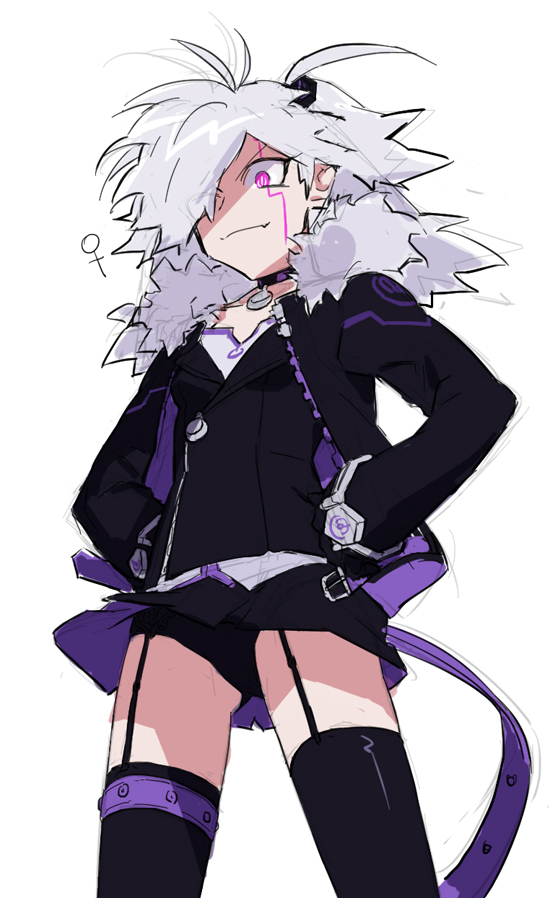 1girl, add_(elsword), black_legwear, black_panties, black_skirt, elsword, facial_mark, from_below