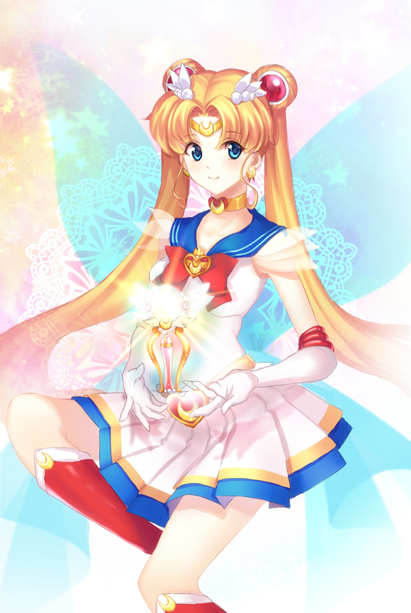 1girl, bishoujo_senshi_sailor_moon, blonde_hair, blue_eyes, boots, bow, brooch, choker, double_bun, earrings, elbow_gloves, gloves, hair_ornament, hairpin, inanna123, jewelry, knee_boots, long_hair, magical_girl, pleated_skirt, ribbon, sailor_collar, sailor_moon, skirt, smile, solo, super_sailor_moon, tiara, tsukino_usagi, twintails, white_gloves