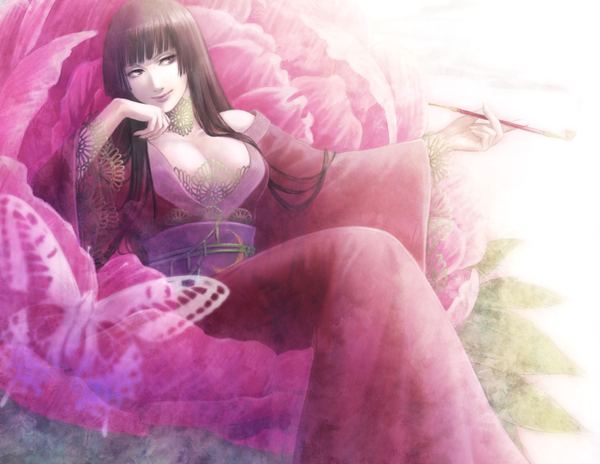 blunt_bangs, breasts, brown_hair, cleavage, dress, hime_cut, ichihara_yuuko, japanese_clothes