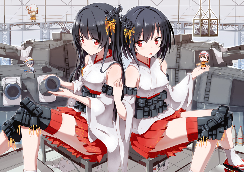 bare_shoulders, black_hair, blush, breasts, damage_control_crew_(kantai_collection), detached_sleeves, fusou_(kantai_collection), gochou_(atemonai_heya)
