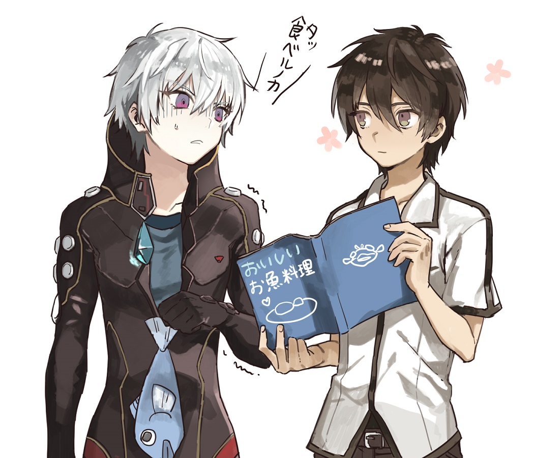 2boys, black_hair, bodysuit, book, brown_eyes, buun_ko, crossover, fish, ishikawa_kaito, kihara_tsumugu, ledo_(suisei_no_gargantia), long_hair, multiple_boys, nagi_no_asukara, school_uniform, seiyuu_connection, short_hair, silver_hair, suisei_no_gargantia, violet_eyes