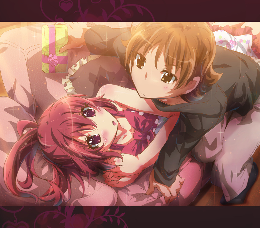 1boy, 1girl, aino_megumi, blush, brown_eyes, brown_hair, gift, happinesscharge_precure!