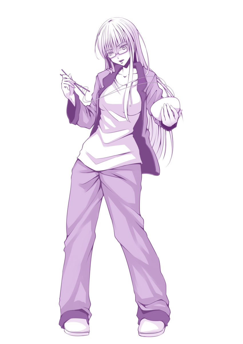 1girl, 52ikaros, absurdres, bowl, breasts, casual, chopsticks, food