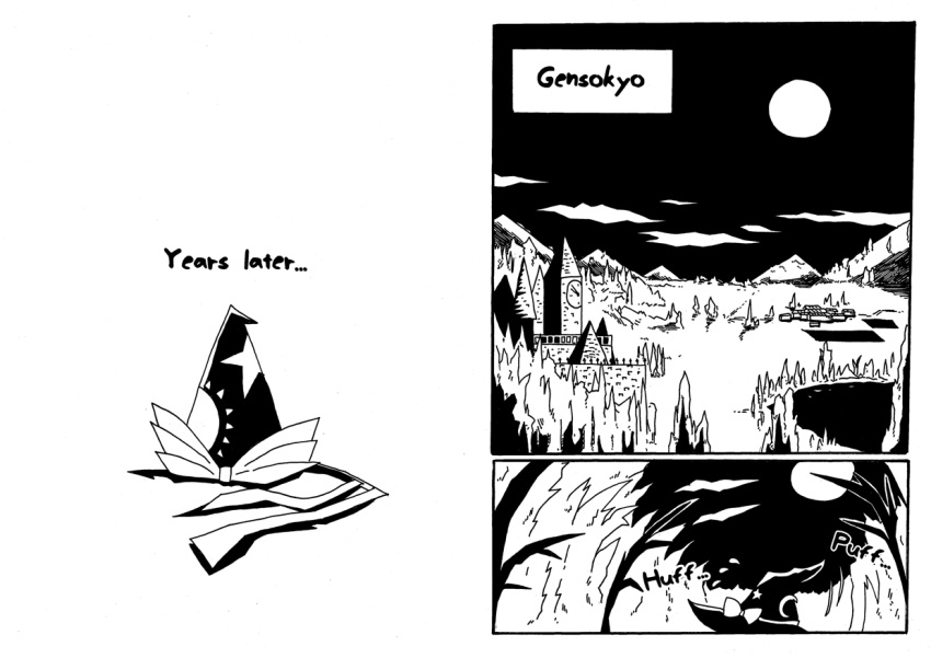 comic, full_moon, hat, lake, moon, no_humans, scarlet_devil_mansion, setz