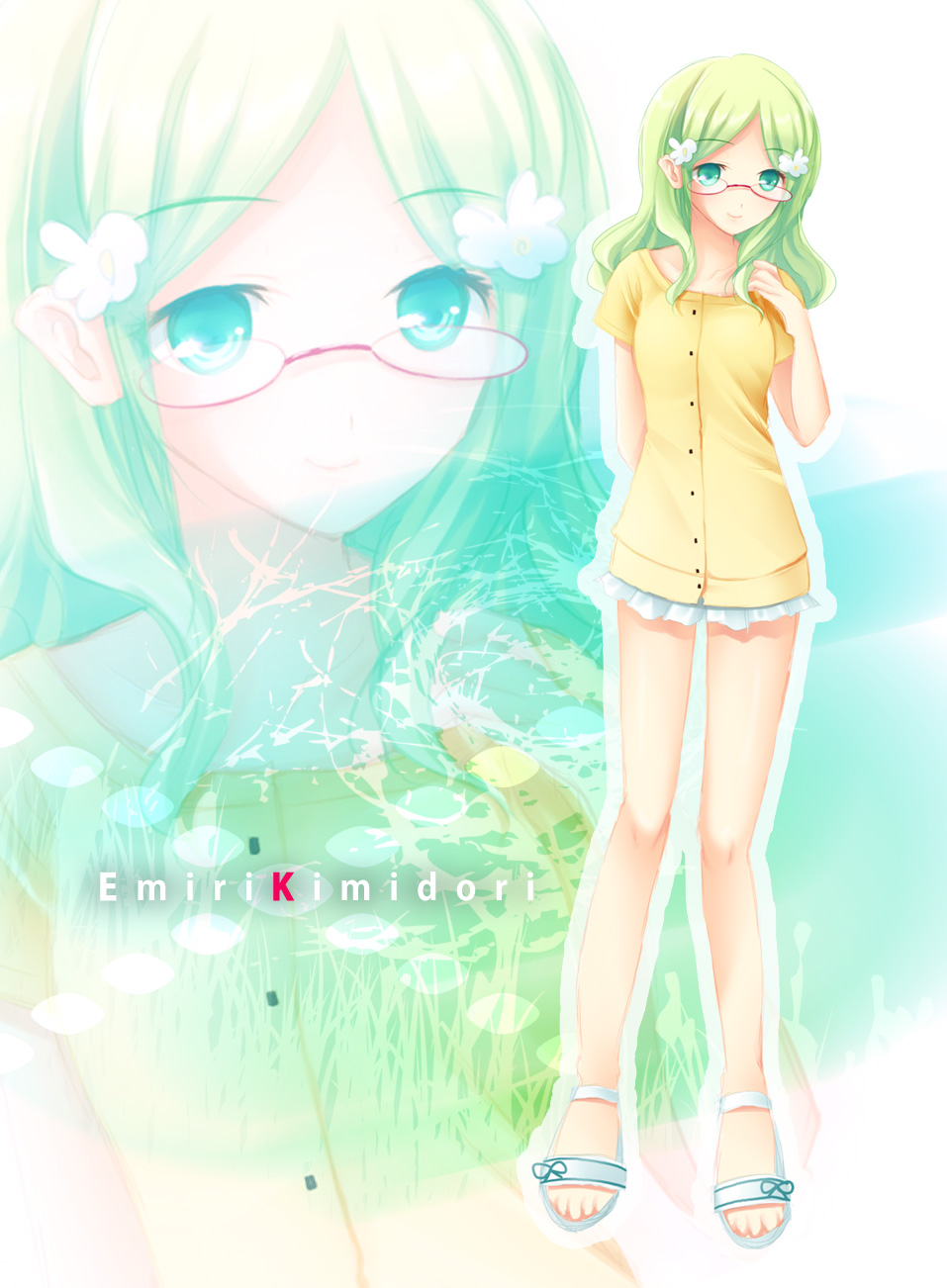 glasses, green_eyes, green_hair, highres, kimidori_emiri, long_hair, minase_kuuru, minasekuru