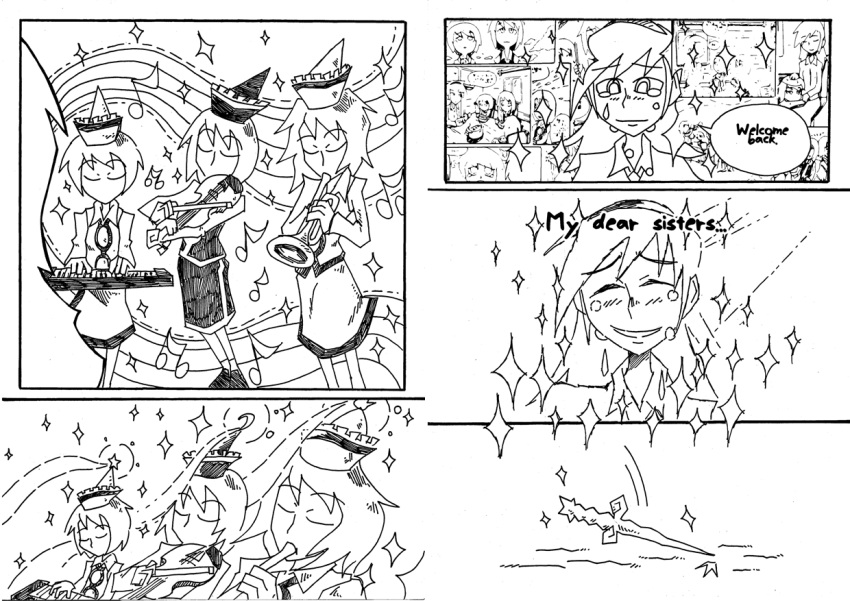 4girls, baton_(instrument), bow_(instrument), closed_eyes, comic, flashback, instrument, keyboard_(instrument)