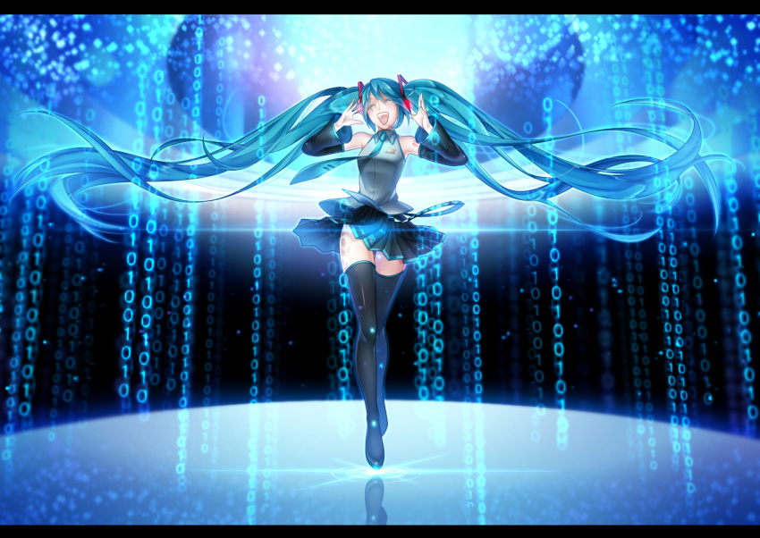 1girl, aqua_hair, arkray, binary, boots, closed_eyes, detached_sleeves, floating_hair, hands_on_headphones, hatsune_miku, headphones, letterboxed, long_hair, necktie, open_mouth, skirt, solo, thigh-highs, thigh_boots, twintails, very_long_hair, vocaloid