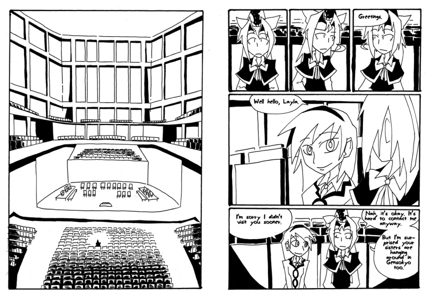 auditorium, comic, hat, layla_prismriver, long_hair, mima, setz, touhou, touhou_(pc-98), wizard_hat