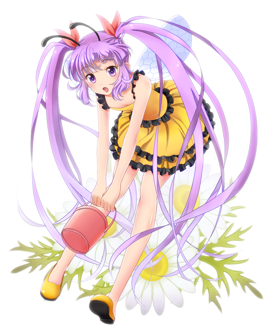 1girl, :o, antennae, bucket, flower, frills, insect_wings, leaning_forward