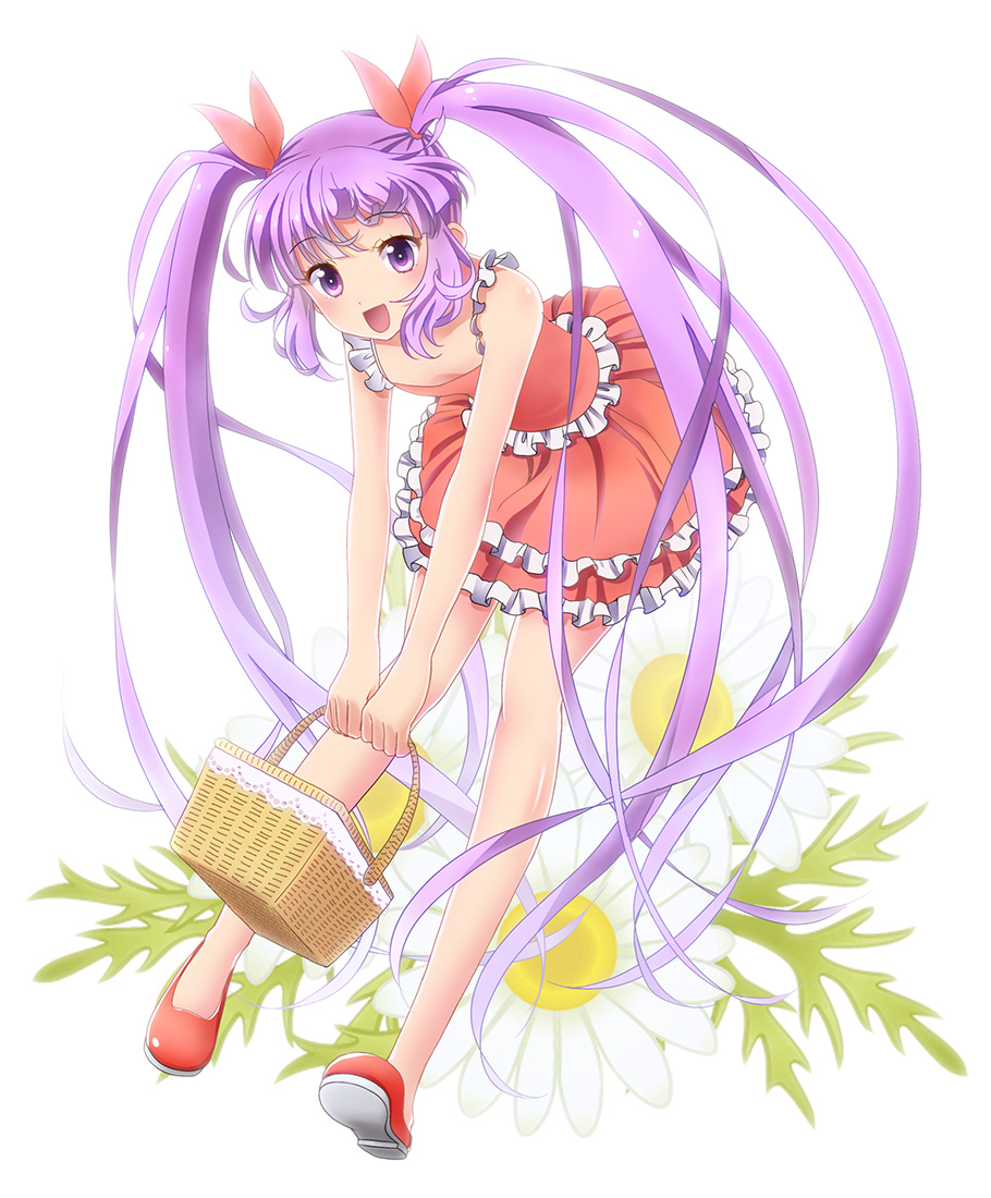 1girl, :d, alternate_costume, basket, flower, frills, leaning_forward, long_hair
