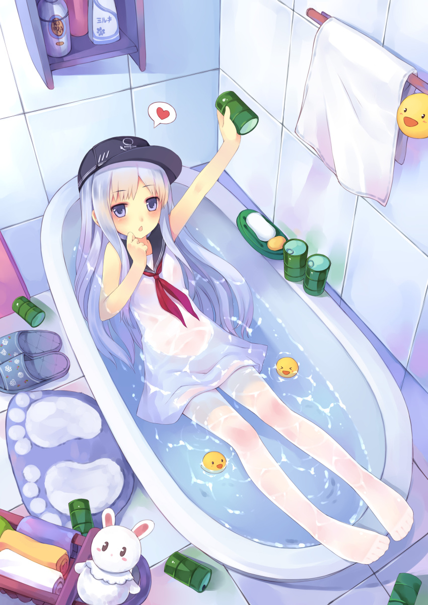 absurdres, bath, bathing, bathtub, can, chestnut_mouth, clothed_bath, hat