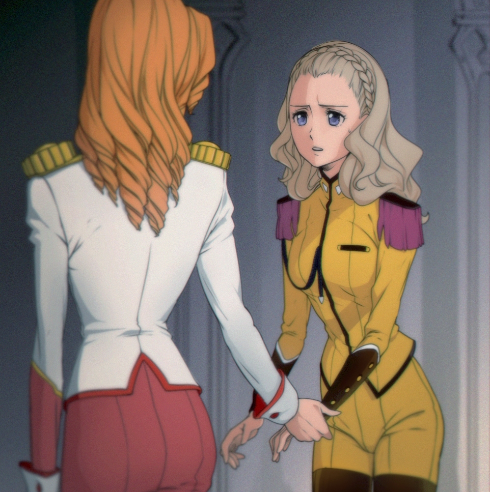 2girls, aconitea, arisugawa_juri, black_eyes, black_legwear, blonde_hair, braid, drill_hair