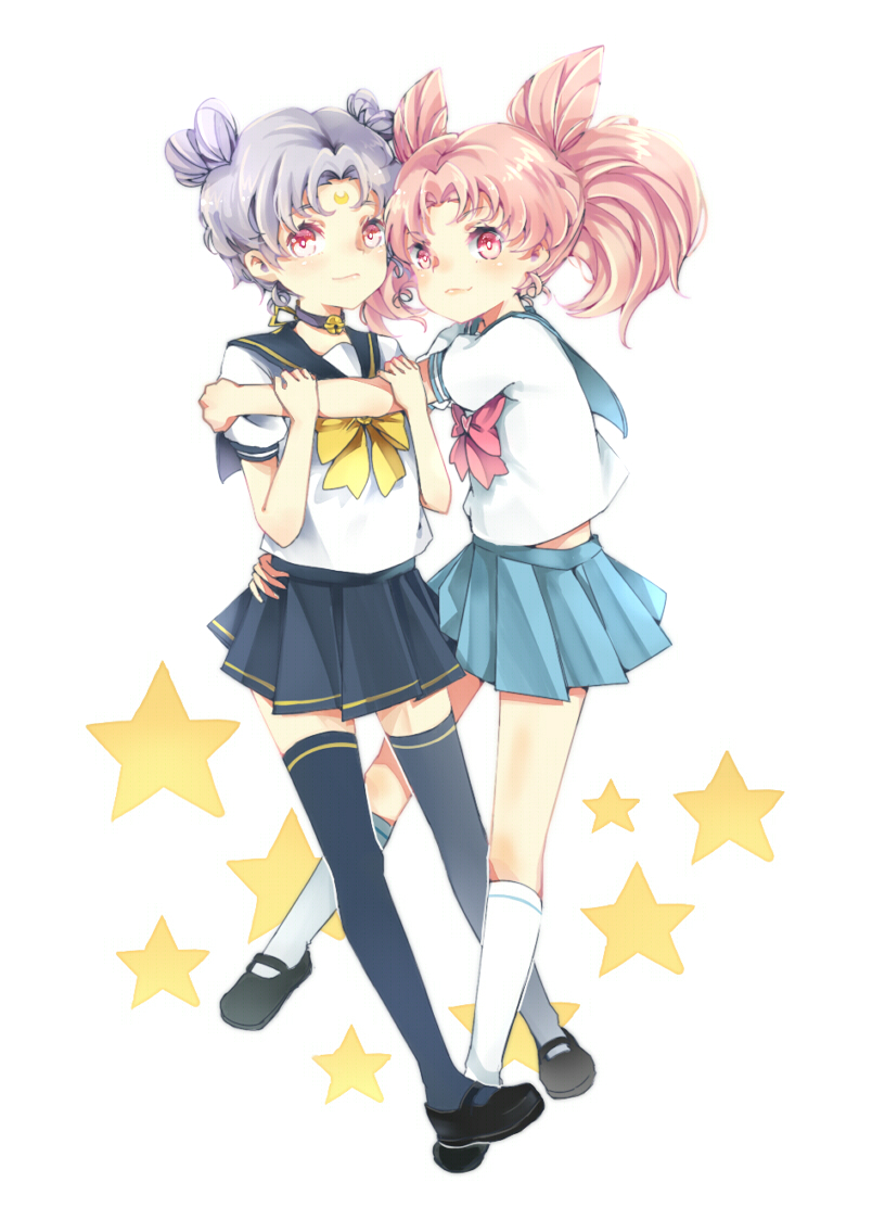2girls, bell, bell_collar, bishoujo_senshi_sailor_moon, black_legwear, blush, bow, chibi_usa