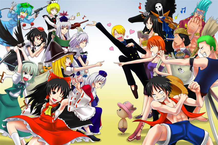 attack, battle, brook, camera, crossover, everyone, geta, hakurei_reimu