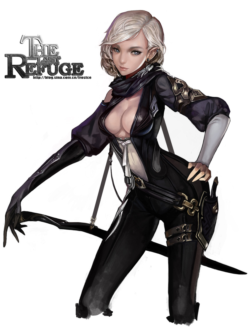 1girl, arched_back, bangs, black_gloves, blonde_hair, blue_eyes, bodysuit, breasts, cleavage, contrapposto, cropped_legs, earrings, frostce, gloves, hand_on_hips, highres, holster, jewelry, lips, pointy_ears, scarf, short_hair, simple_background, single_glove, solo, swept_bangs, sword, weapon, white_background