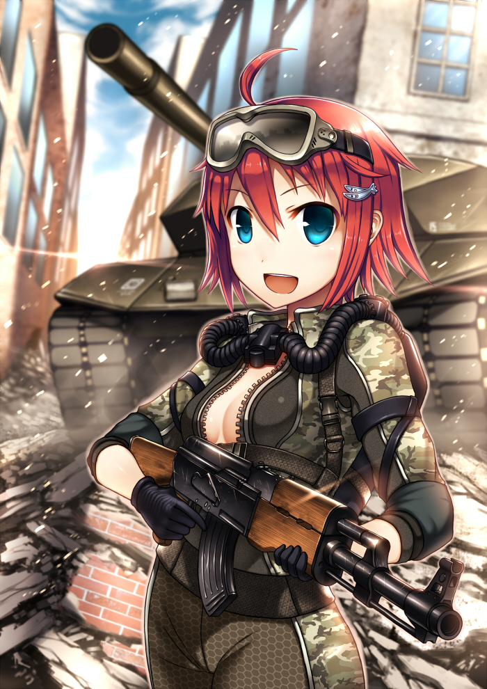 1girl, ahoge, ak-47, akuko_(arc), alliance_of_valiant_arms, assault_rifle, blue_eyes, camouflage, gia, goggles, goggles_on_head, gun, hair_ornament, hairclip, looking_at_viewer, military, military_vehicle, open_mouth, rifle, short_hair, solo, tank, vehicle, weapon