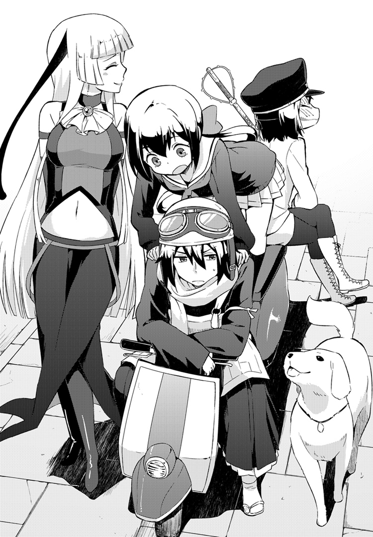 dog, helmet, inari_(kyousougiga), koto_(kyousougiga), kyousougiga, lady_koto, long_hair, monochrome