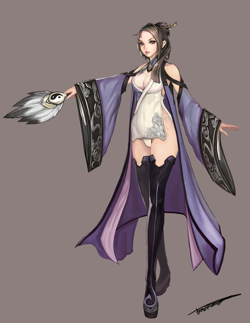 1girl, bare_shoulders, black_legwear, boots, breasts, brown_eyes, brown_hair, cleavage
