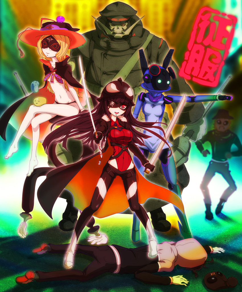 3boys, 3girls, bare_legs, barefoot, belt, black_gloves, black_hair, black_panties