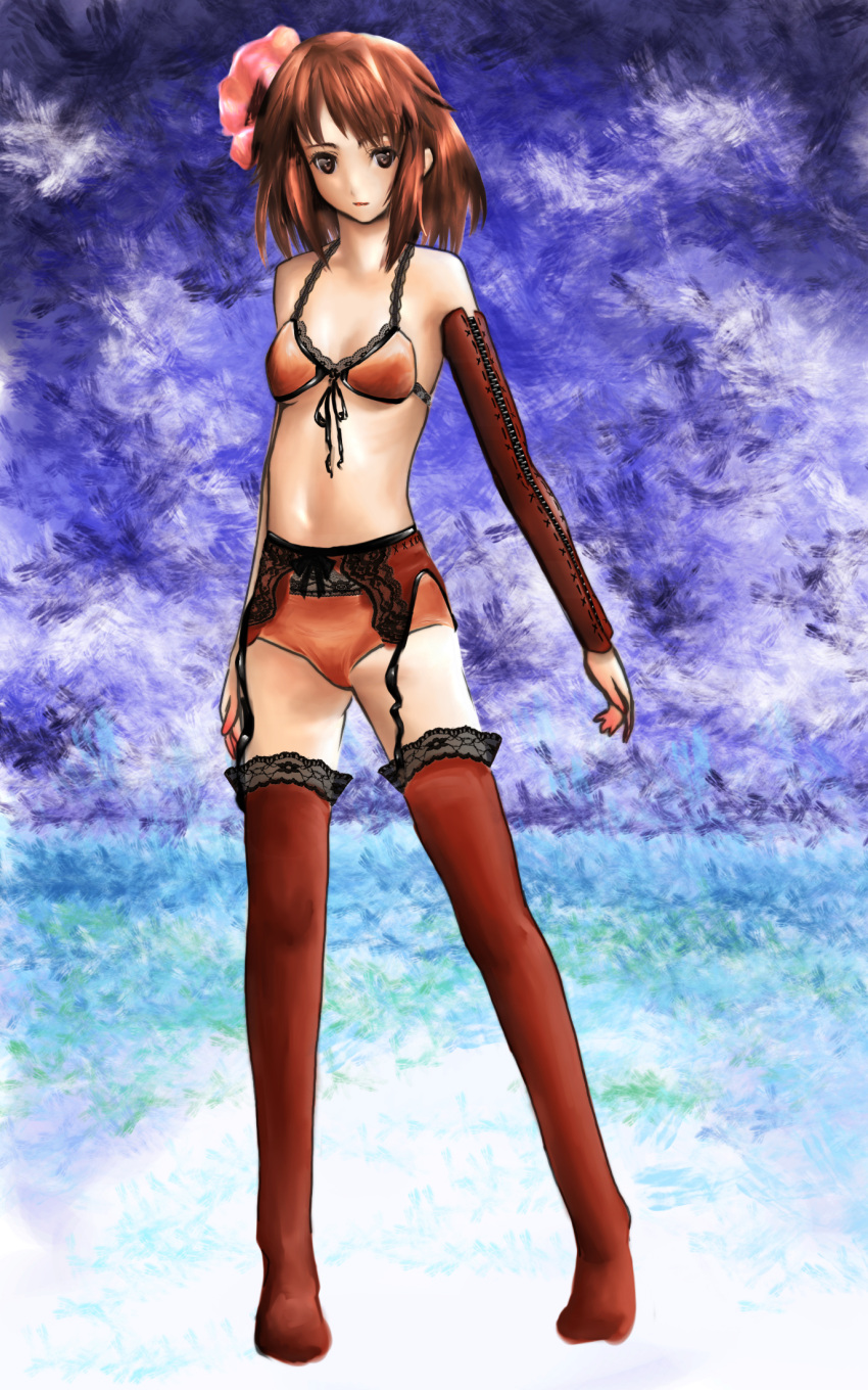 bra, brown_eyes, brown_hair, detached_sleeves, garter_belt, highres, hirasawa_yui, k-on!