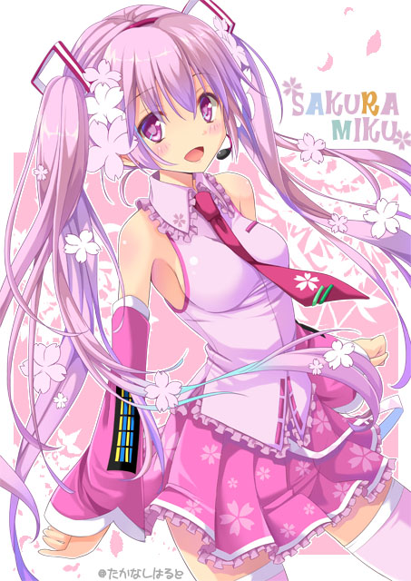 1girl, blush, character_name, cherry_blossoms, detached_sleeves, flower, hair_flower, hair_ornament