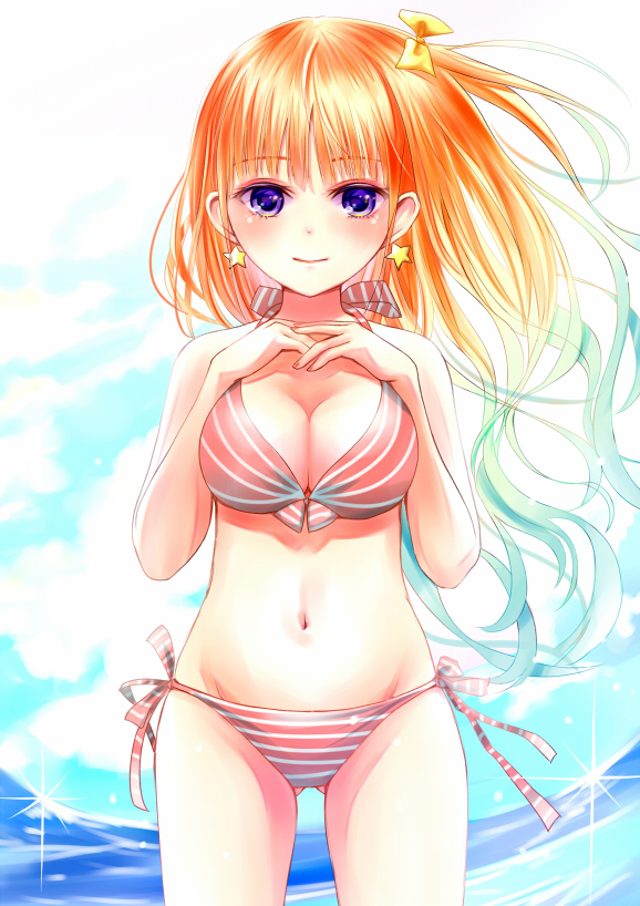 1girl, bikini, blue_eyes, breasts, cleavage, gradient_hair, kouzuki_yui, long_hair