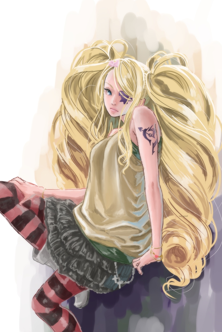1girl, alternate_costume, blonde_hair, bow, casual, eyepatch, hair_bow, harime_nui