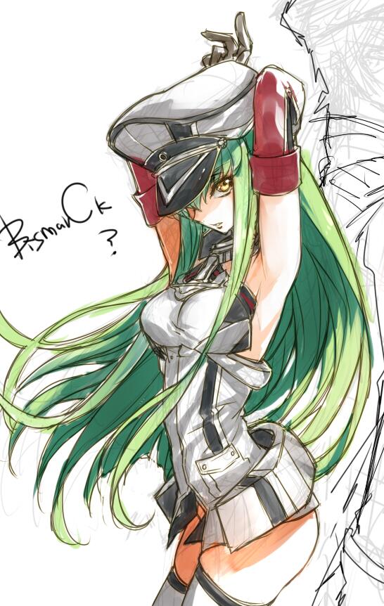 1girl, armpits, arms_up, bismarck_(kantai_collection), bismarck_(kantai_collection)_(cosplay), breasts, c.c., code_geass