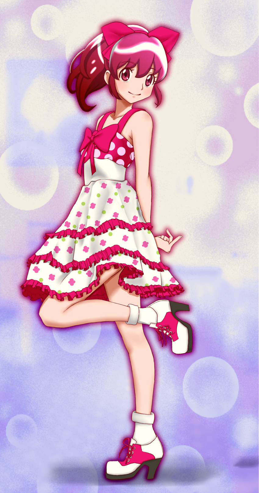 1girl, absurdres, aino_megumi, amawa_kazuhiro, blush, casual, dress, eyelashes, fashion, hair_ornament, hair_ribbon, happinesscharge_precure!, happy, high_heels, highres, long_hair, looking_at_viewer, pink_eyes, pink_hair, ponytail, precure, ribbon, shoes, smile, solo, standing
