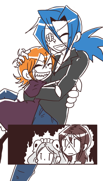 4girls, ^_^, aura, bloody_marie_(skullgirls), blue_hair, carol_(skullgirls), casual, closed_eyes, cut-in, grin, hug, multiple_girls, no_hat, nyoro_mutou, orange_hair, peacock_(skullgirls), skullgirls, smile, valentine_(skullgirls), |_|