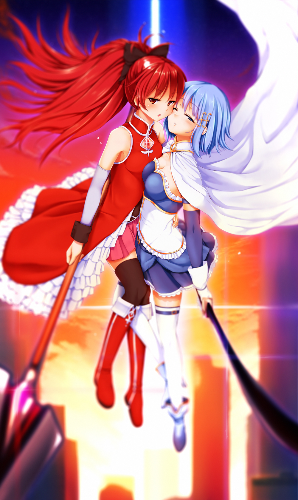 2girls, black_legwear, blue_eyes, blue_hair, blush, boots, bow, breasts