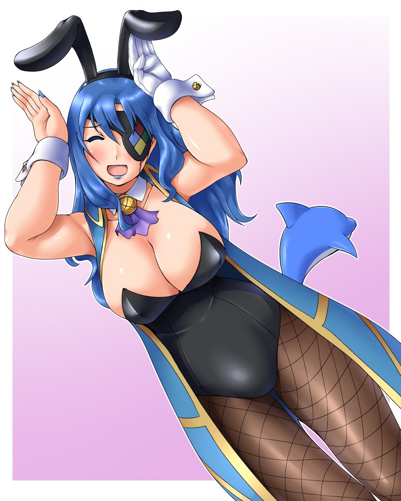 1girl, animal_ears, blue_hair, breasts, cleavage, closed_eyes, eyepatch, fishnets