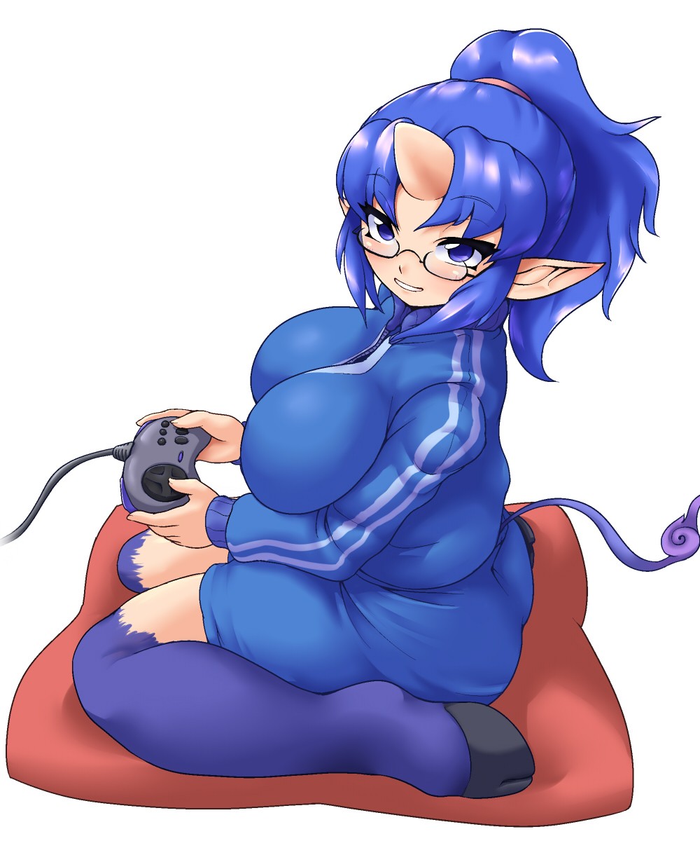 1girl, blue_eyes, blue_hair, breasts, controller, game_controller, gamepad, glasses