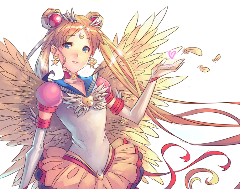 1girl, bishoujo_senshi_sailor_moon, blonde_hair, blue_eyes, brooch, choker, crescent, double_bun