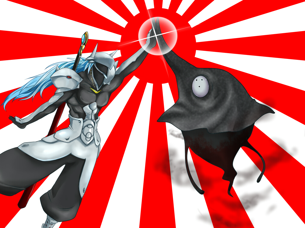 blazblue, hakumen, high_five, highfive, japanese_flag, rising_sun, sword, weapon