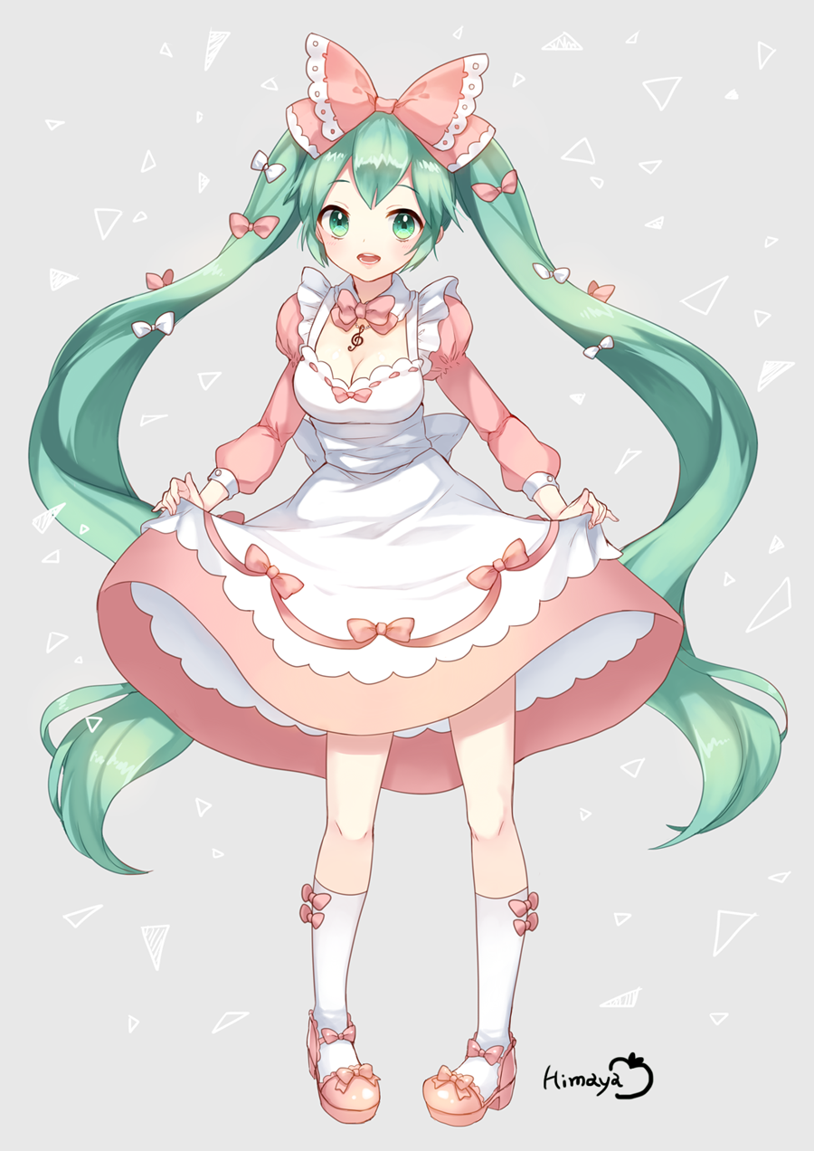 1girl, bowtie, dress, green_eyes, green_hair, hatsune_miku, highres, himaya