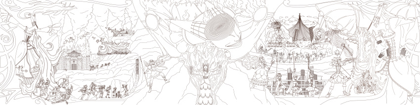 absurdres, akemi_homura, alduin's_wall, castle, fighting, highres, kaname_madoka, kriemhild_gretchen, long_image, magical_girl, mahou_shoujo_kazumi_magica, mahou_shoujo_madoka_magica, mahou_shoujo_oriko_magica, miki_sayaka, monochrome, myssa_rei, oktavia_von_seckendorff, parody, sakura_kyouko, the_elder_scrolls_v:_skyrim, time_tunnel_(madoka_magica), tomoe_mami, walpurgisnacht's_familiars, walpurgisnacht_(madoka_magica), wide_image