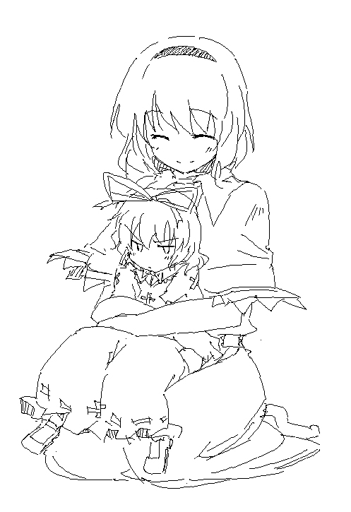 bow, closed_eyes, frown, hair_bow, hairband, happy, hug, hug_from_behind