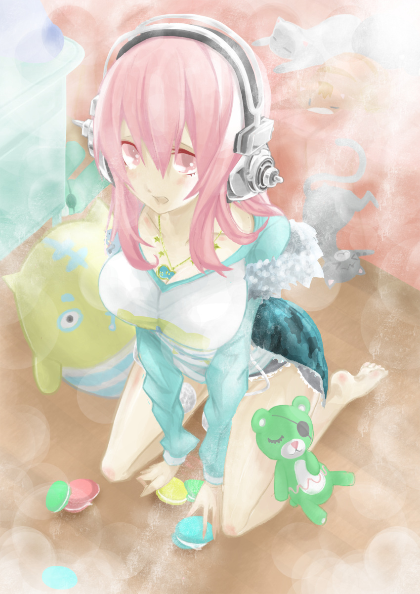 1girl, breasts, cat, cleavage, haziketti, headphones, highres, large_breasts