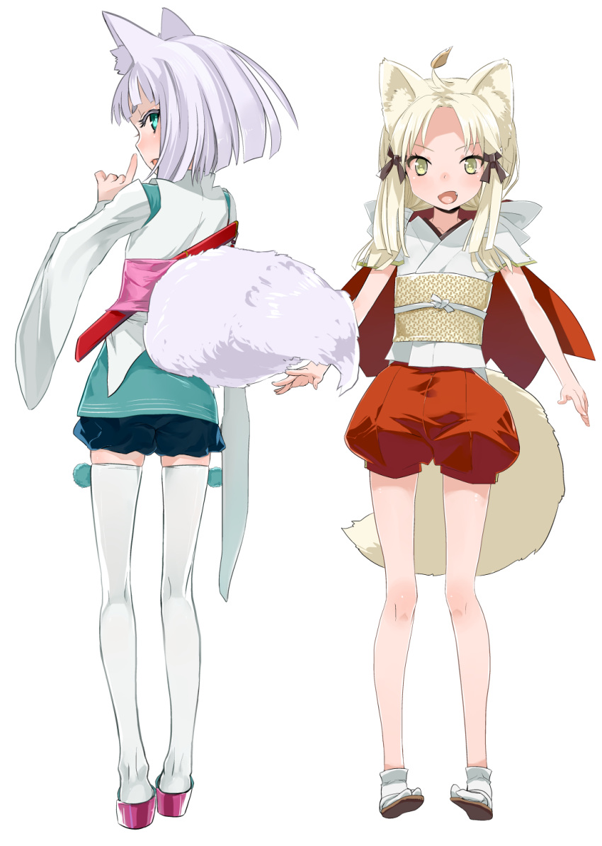 animal_ears, blue_eyes, brown_eyes, brown_hair, crossover, fang, fox_ears, from_behind